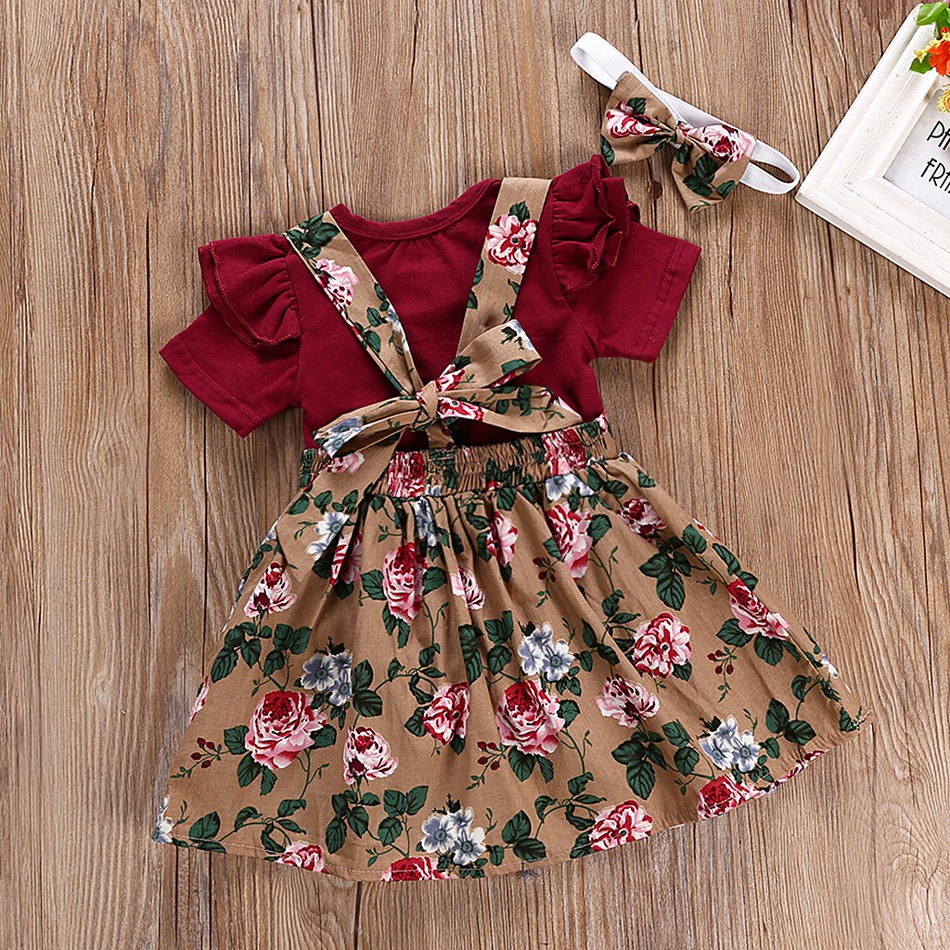 Ruffle Romper Buttons Decor Floral Dress and Headband Set